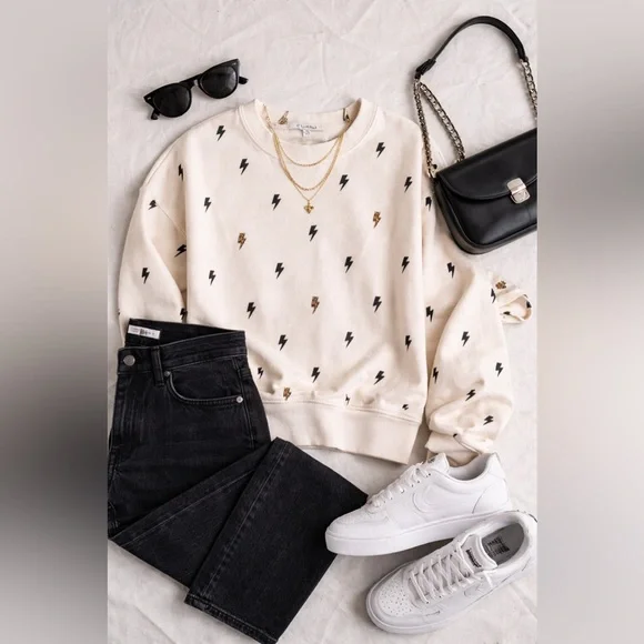 Z Supply Lightning Bolt Sweatshirt Medium White Leopard Accent Relaxed Fit - Picture 7 of 10